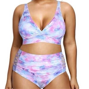 Yonique Bikini Size 14W 2pc Swimsuit Tummy Control High Waist Pastels Pink Blue